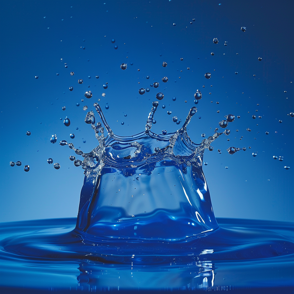 Dynamic splash of water with detailed droplets, vivid background.