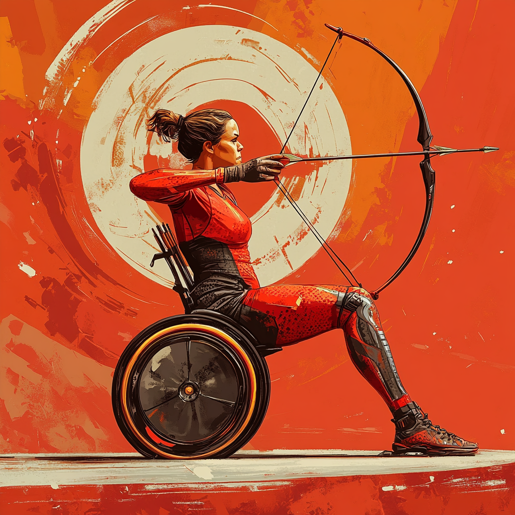 Dynamically Illustrated Paralympic Archer Aiming Bullseye with Feet