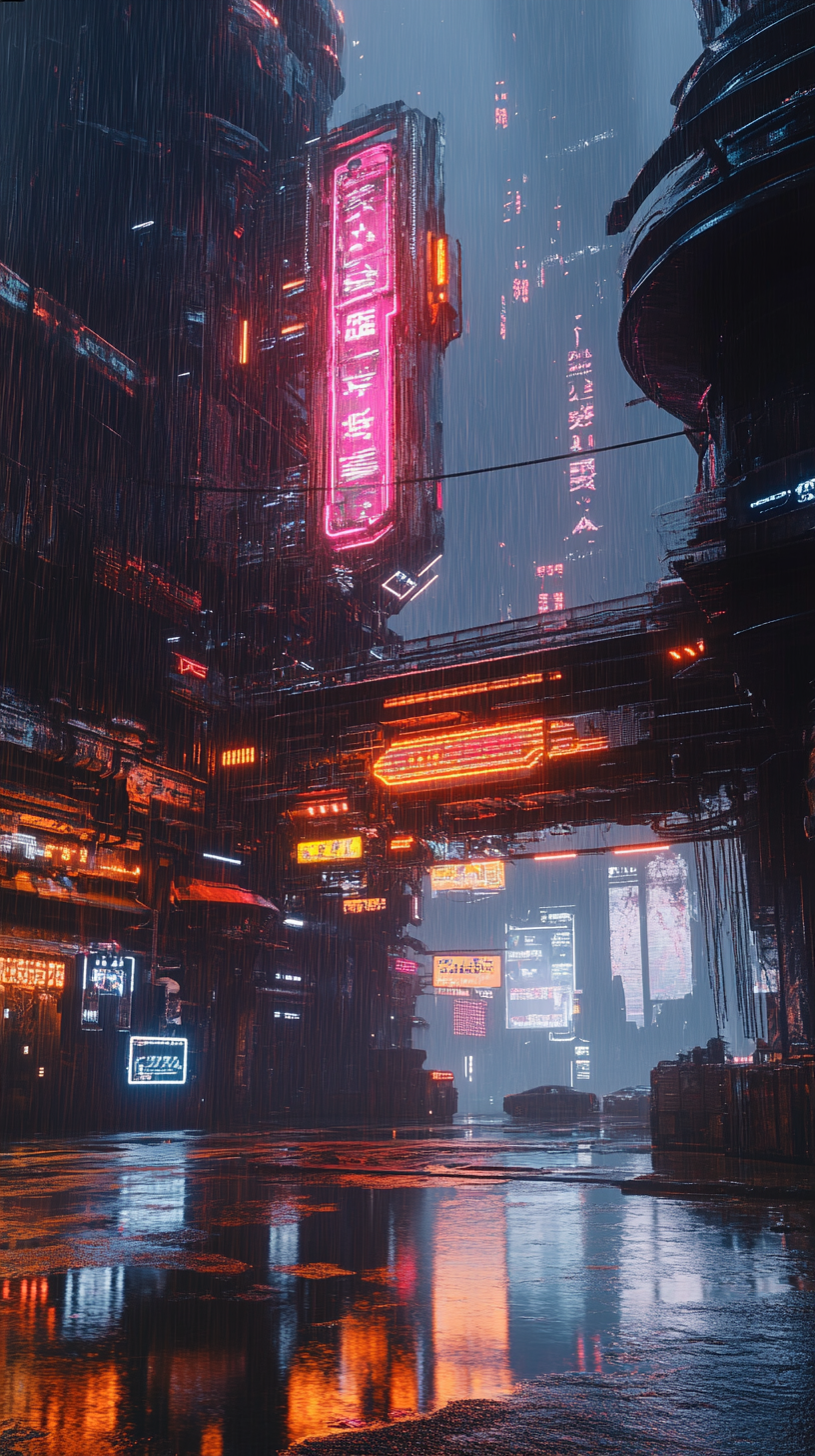 Dystopian, futuristic city, neon signs, rain, puddles.