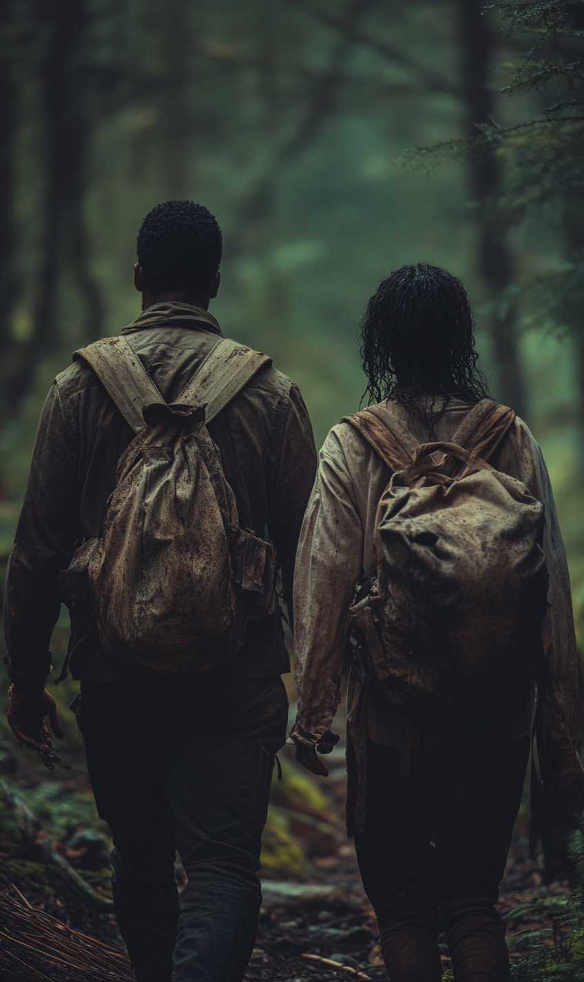 Dystopian Future Couple Walking in Forest, Cinematic Shot 