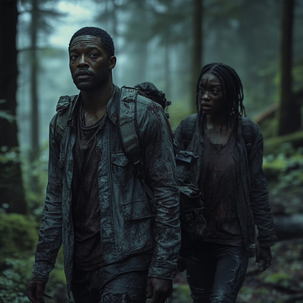 Dystopian Future: Black Couple Walking Forest, No Electronics