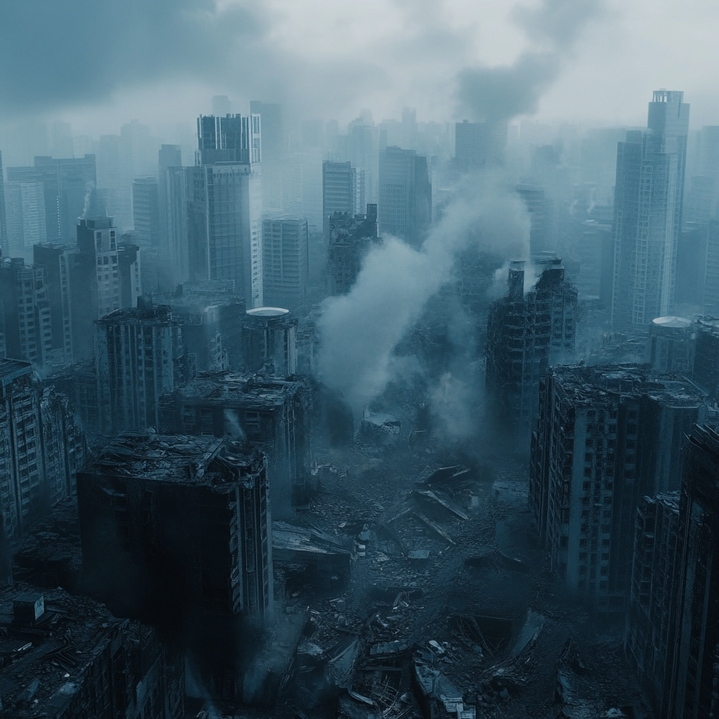 Dystopian city with damaged buildings and smoke clouds.