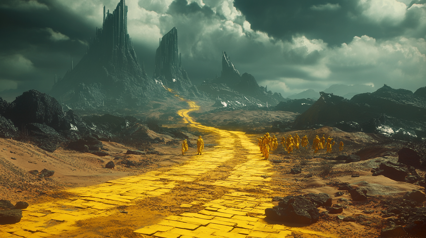 Dystopian landscape with yellow deserts and rocky mountains.