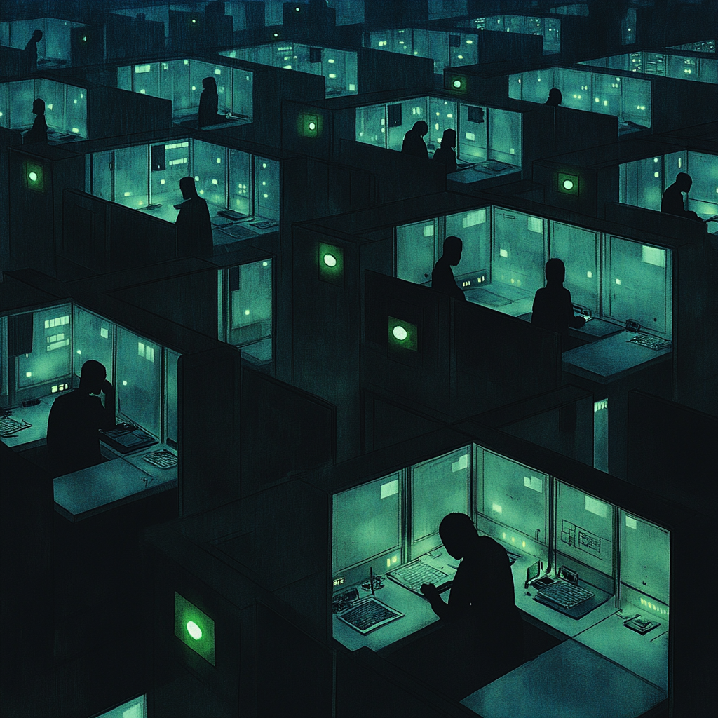 Dystopian scene with faceless figures working in cubicles.