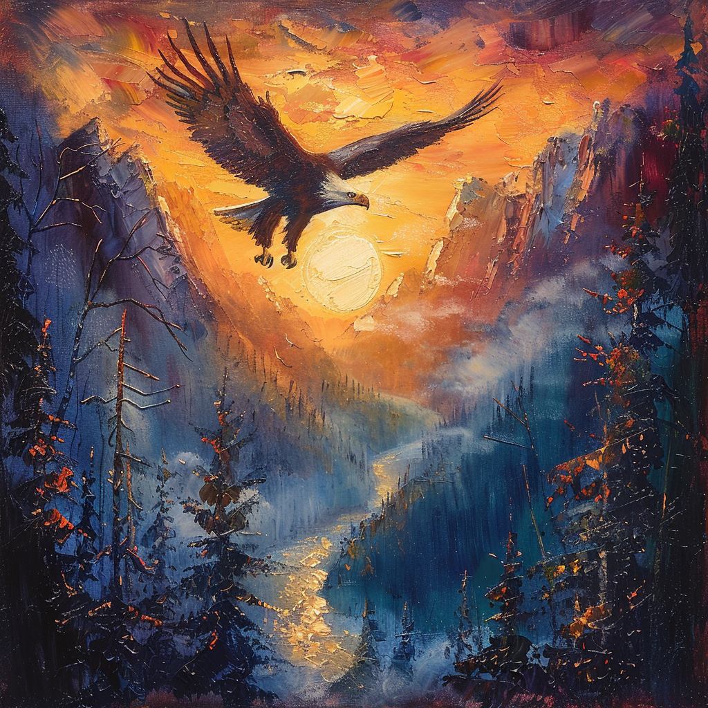 Eagle flying over mountains at sunset, trees, river misty