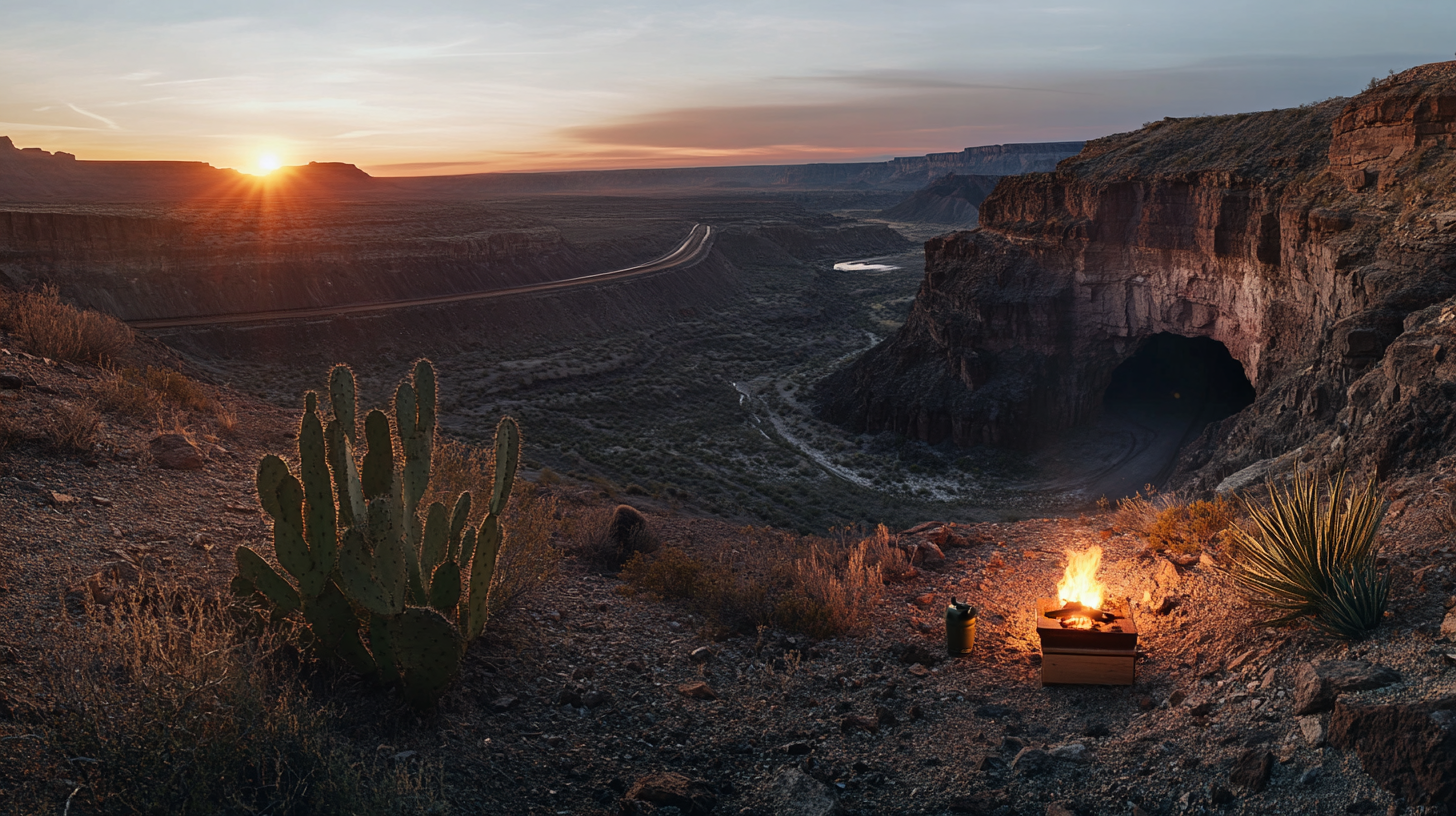 Early 19th century desert canyon mine photograph at dawn