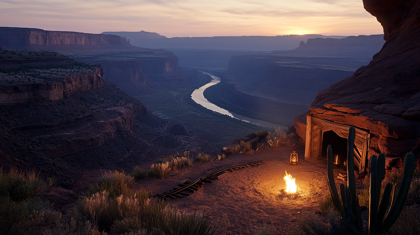 Early desert photo at dawn with campfire foreground.