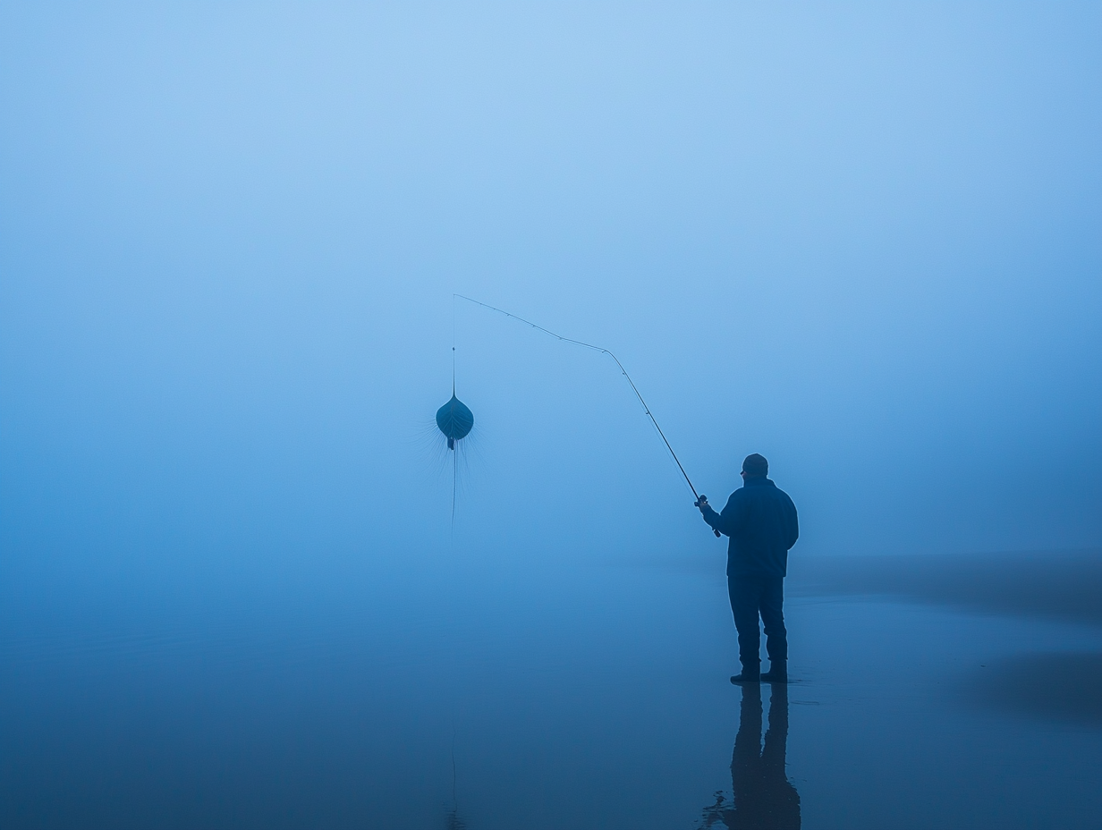 Early morning beach scene with man and blowfish