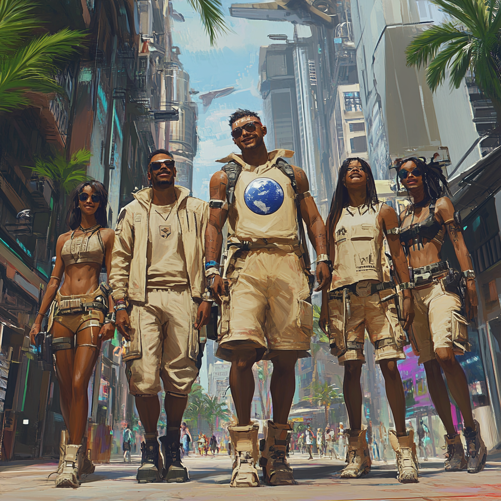 Earth symbol urban tribe in cyberpunk world, beige outfits.