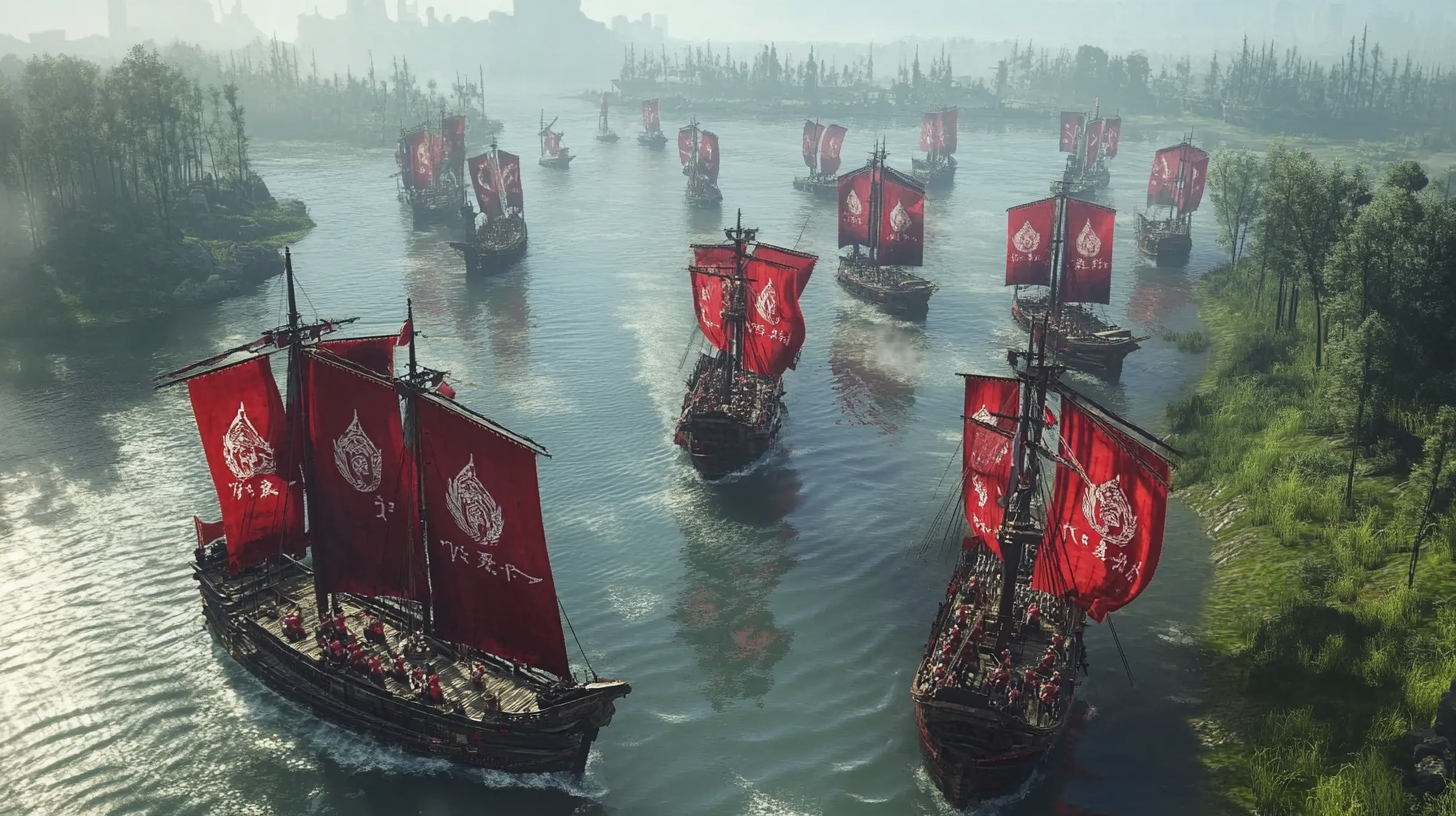 Eastern Wu warships on river with red sails, soldiers uniformed.