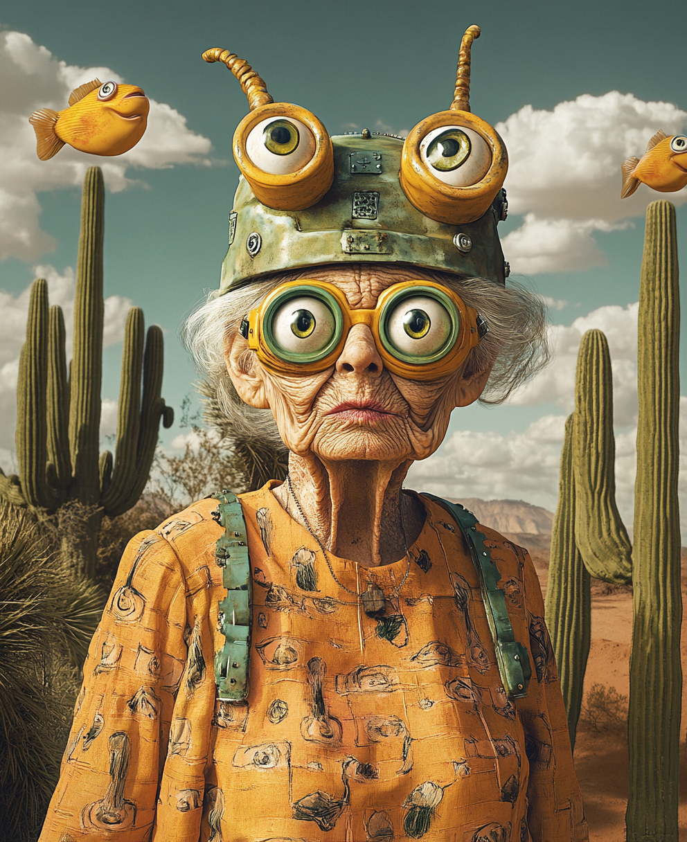 Eccentric grandmother in whimsical desert setting, surreal style photography.