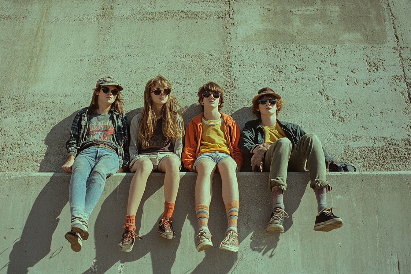 Eccentric teens on wall, industrial backdrop, color film.