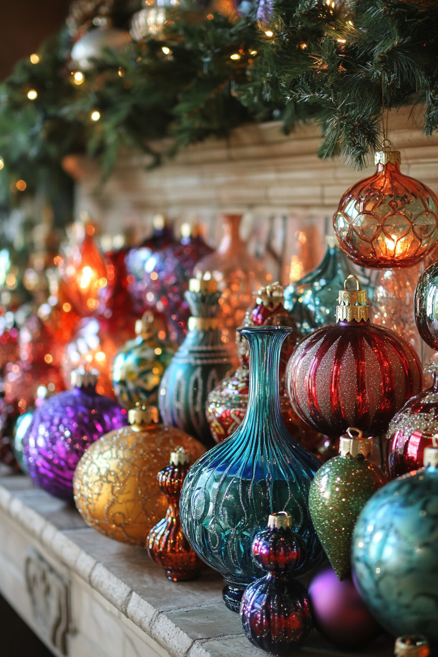 Eclectic Ornaments Mix on Festive Fireplace Mantle