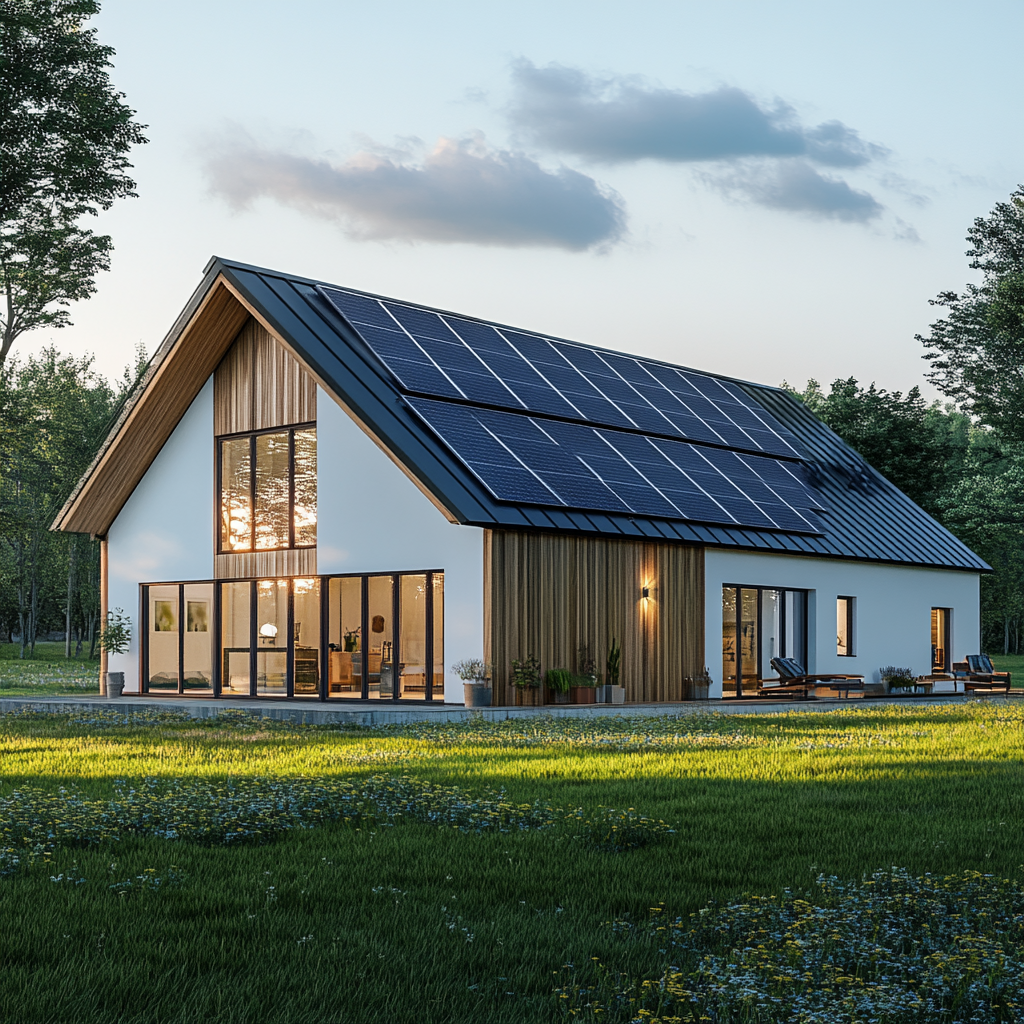 Eco-friendly barndominium with solar panels and efficient windows.