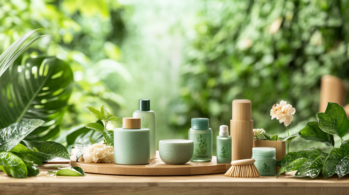 Eco-friendly beauty scene with sustainable products and natural elements.