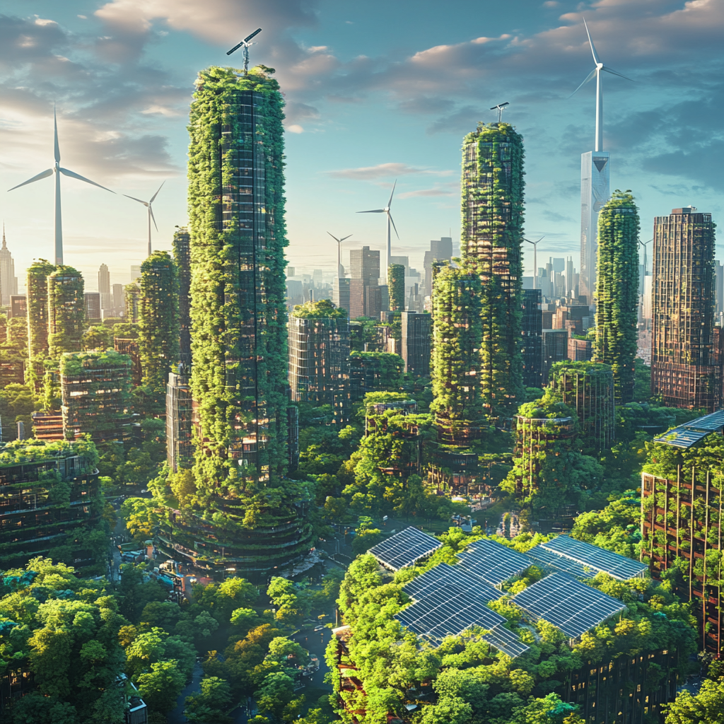 Eco-friendly city with green buildings and renewable energy sources.