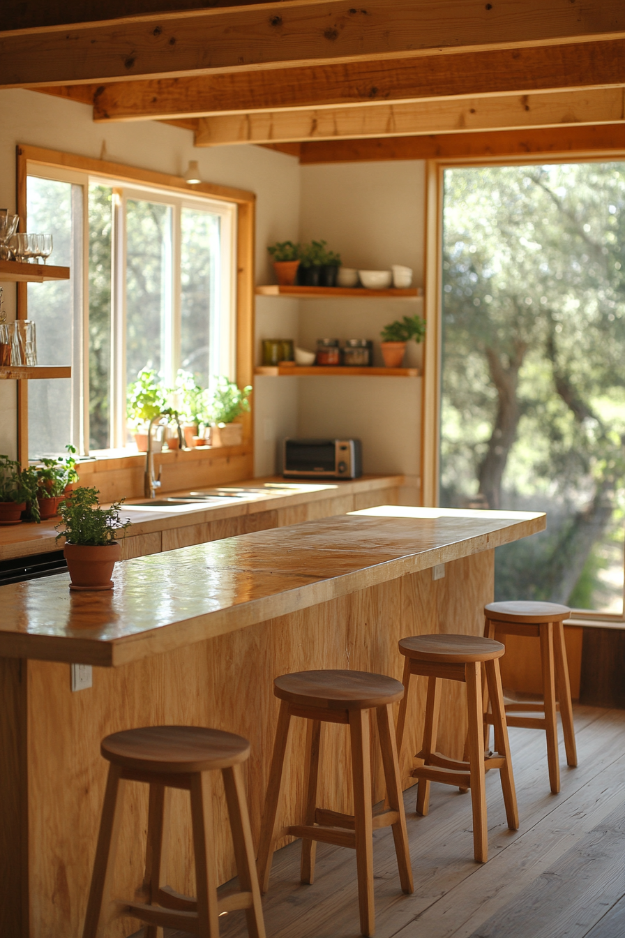 Eco-friendly kitchen with bamboo flooring, recycled glass, herbs.