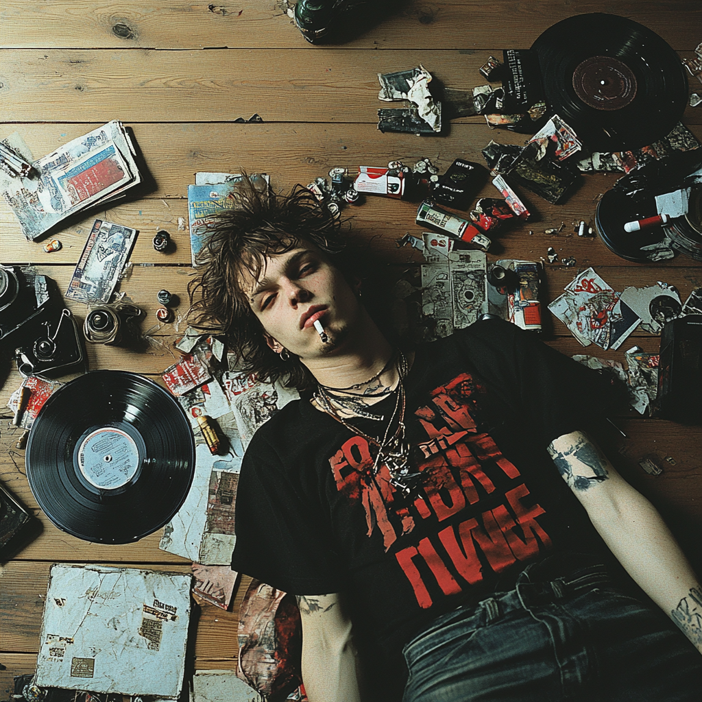 Edgy young man surrounded by vinyl records 