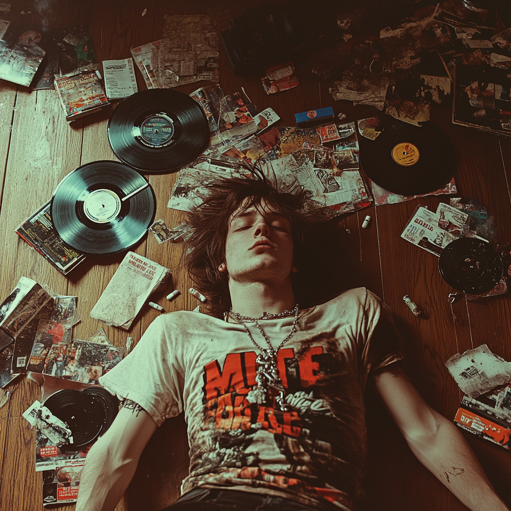 Edgy young man surrounded by vinyl records and cigarette packs