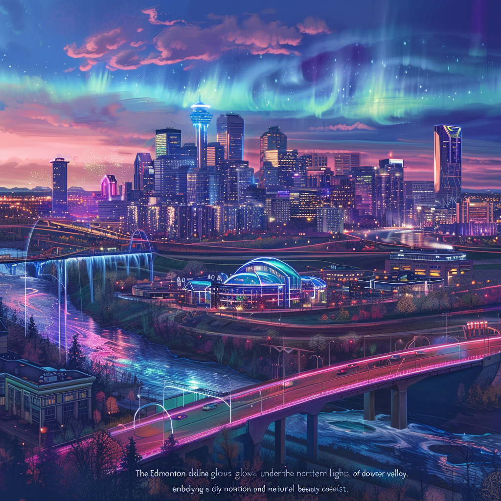 Edmonton skyline glows under northern lights neon futurism