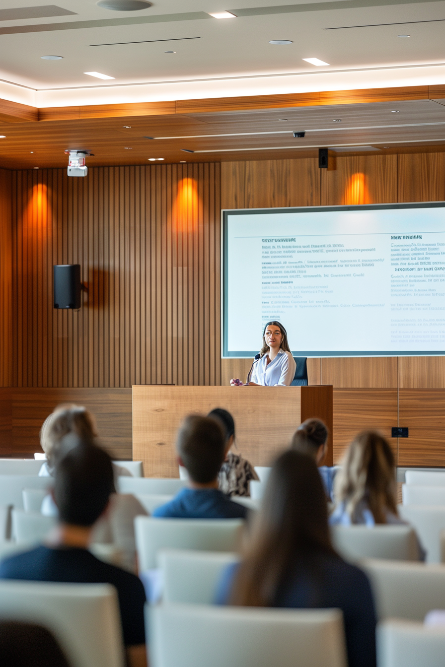 Educator practices public speaking in modern courtroom setting.