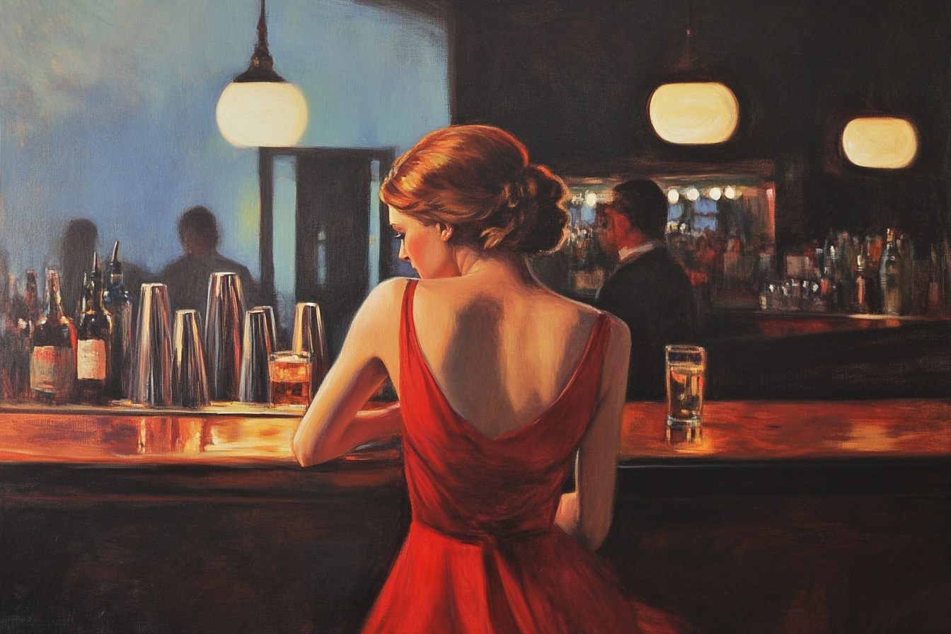 Edward Hopper Hyperrealist Painting of Glamorous Woman at Bar