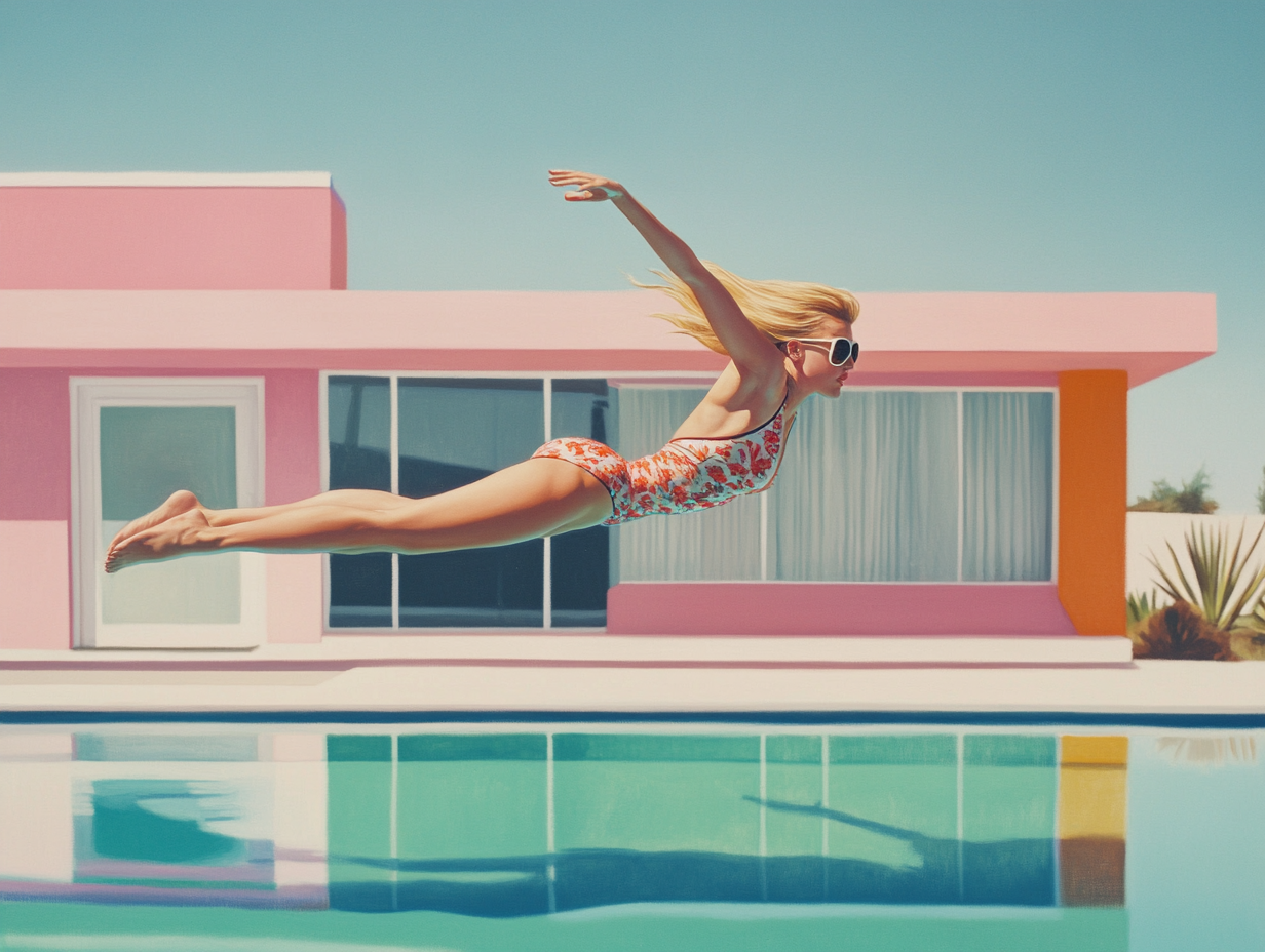 Edward Hopper hyperrealistic painting blond woman sunglasses pool dive pastel architecture.