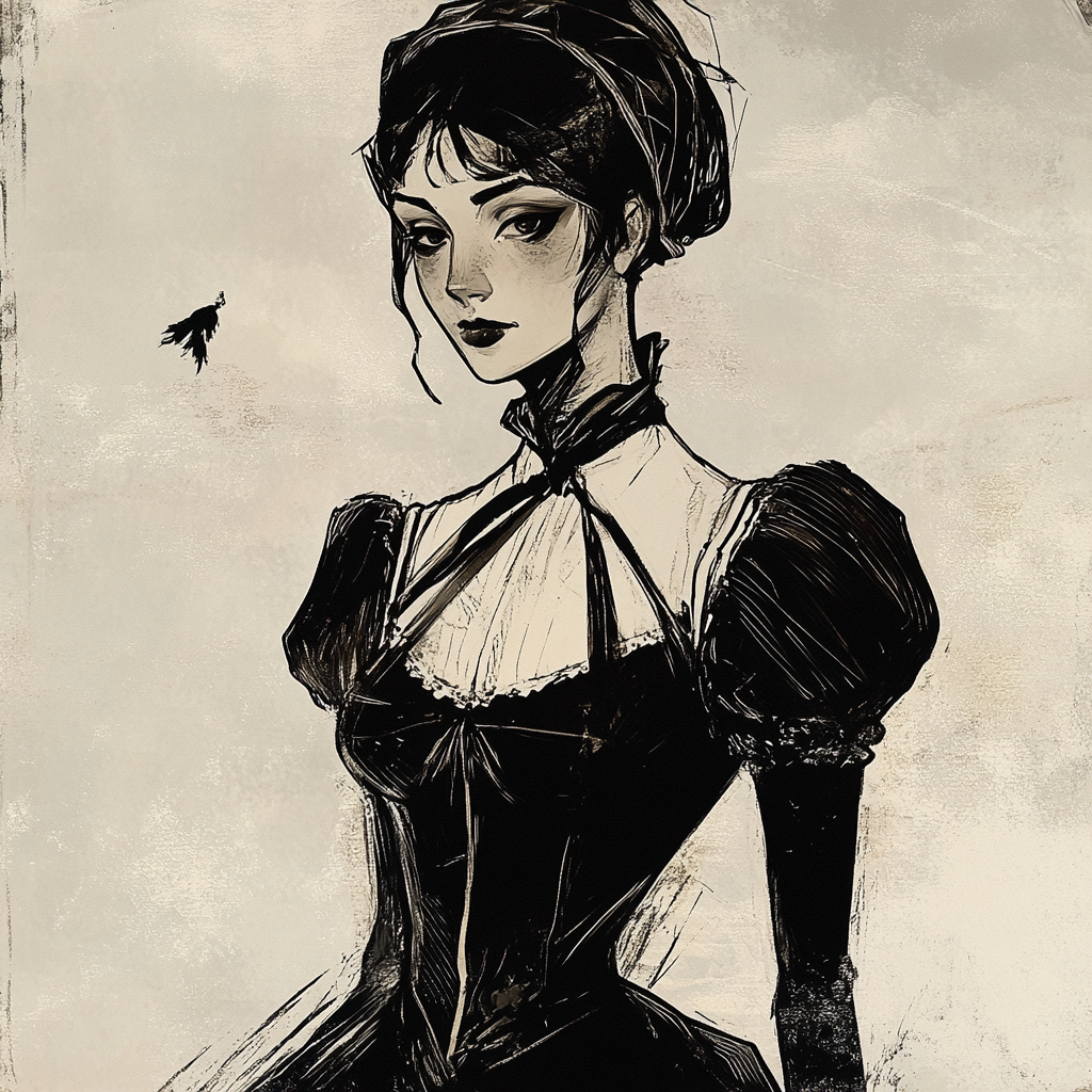 Eerie Gothic Maid in Vintage Illustration