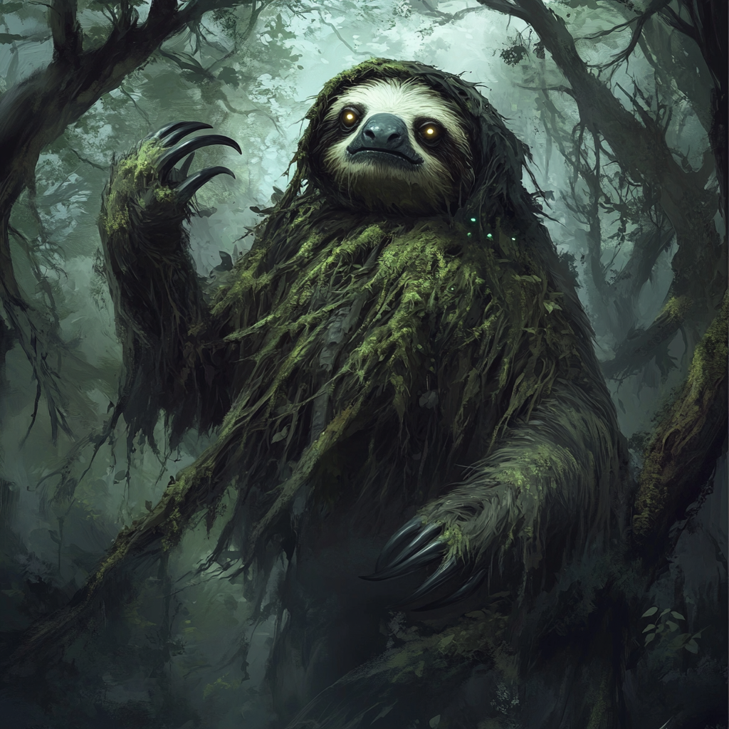 Eerie and Atmospheric Illustration: Scary Sloth in Haunted Forest