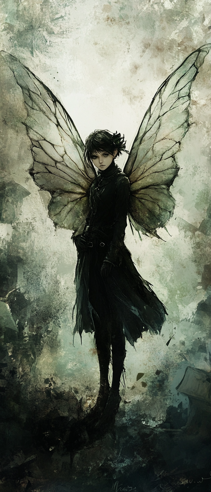 Eerie female fay adventurer with folded insect wings.