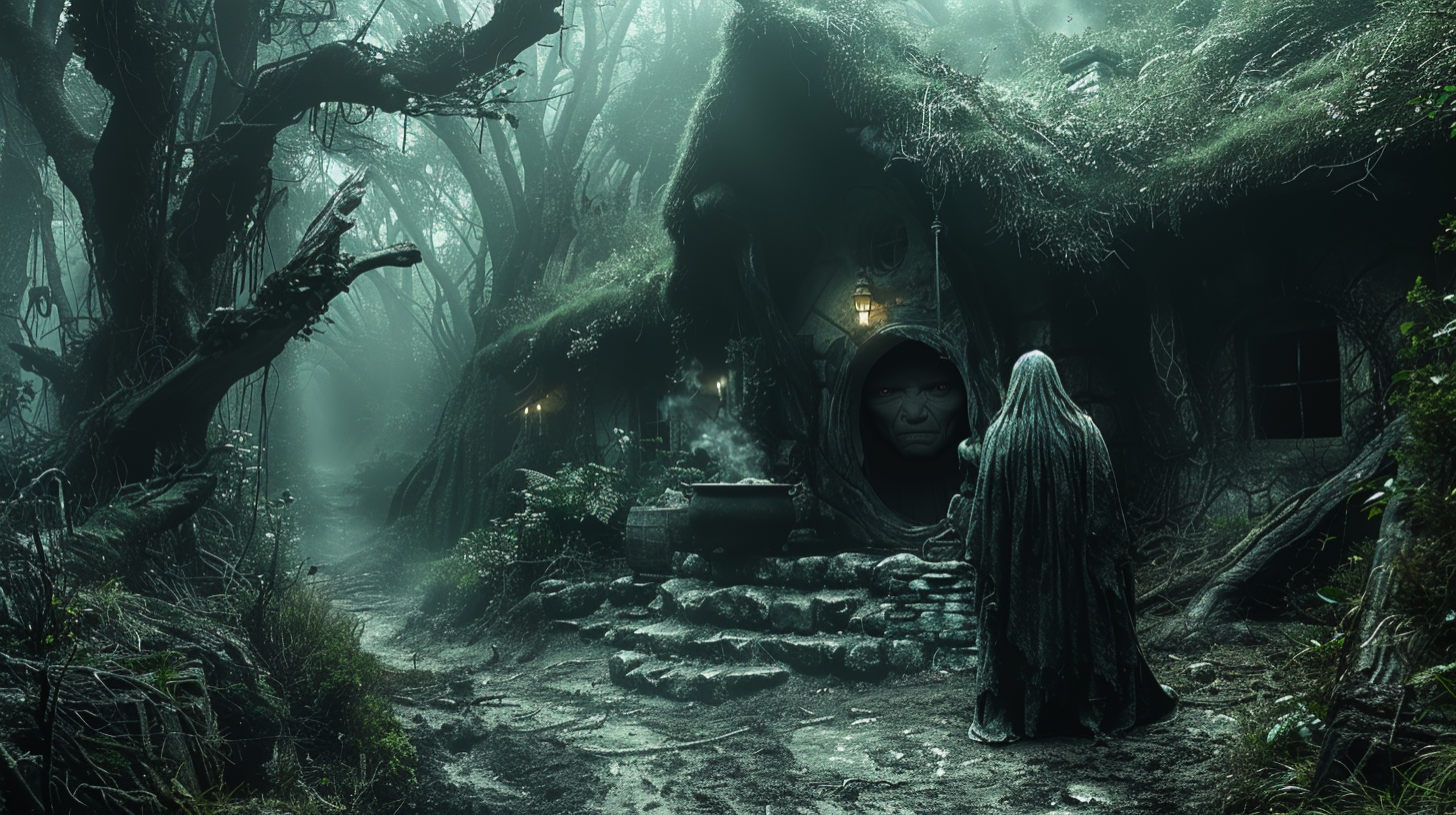 Eerie hag in misty forest with cauldron.