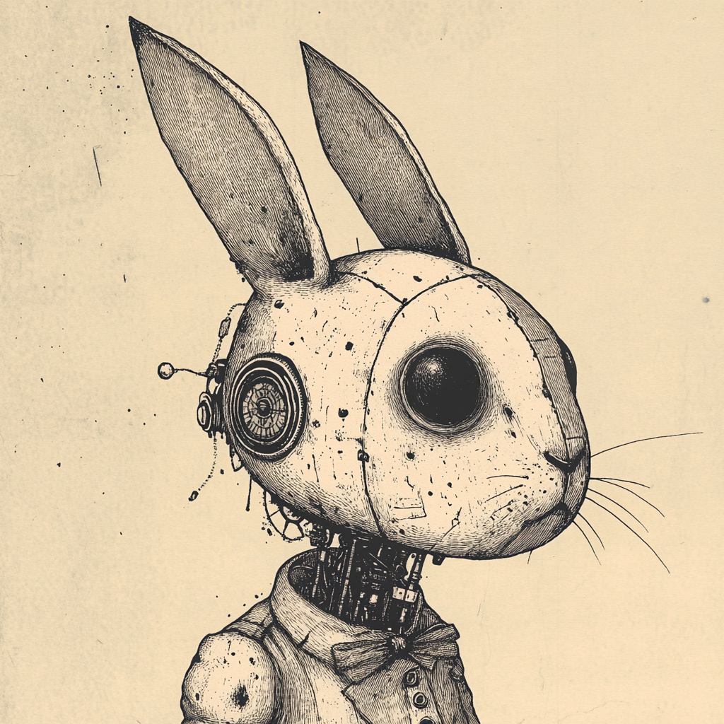 Eerie humanoid rabbit with robotic parts in vintage style.