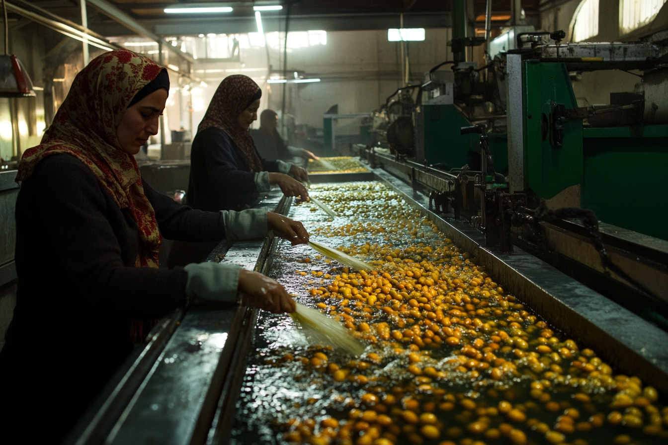 Efficient factory workers sort olives under bright lights.