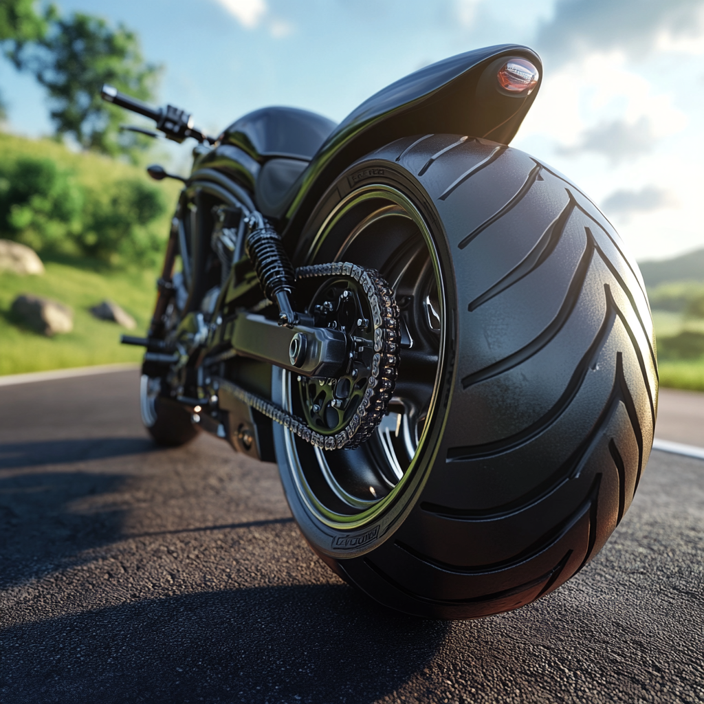 Efficient motorcycle with low resistance tires on eco-friendly road.