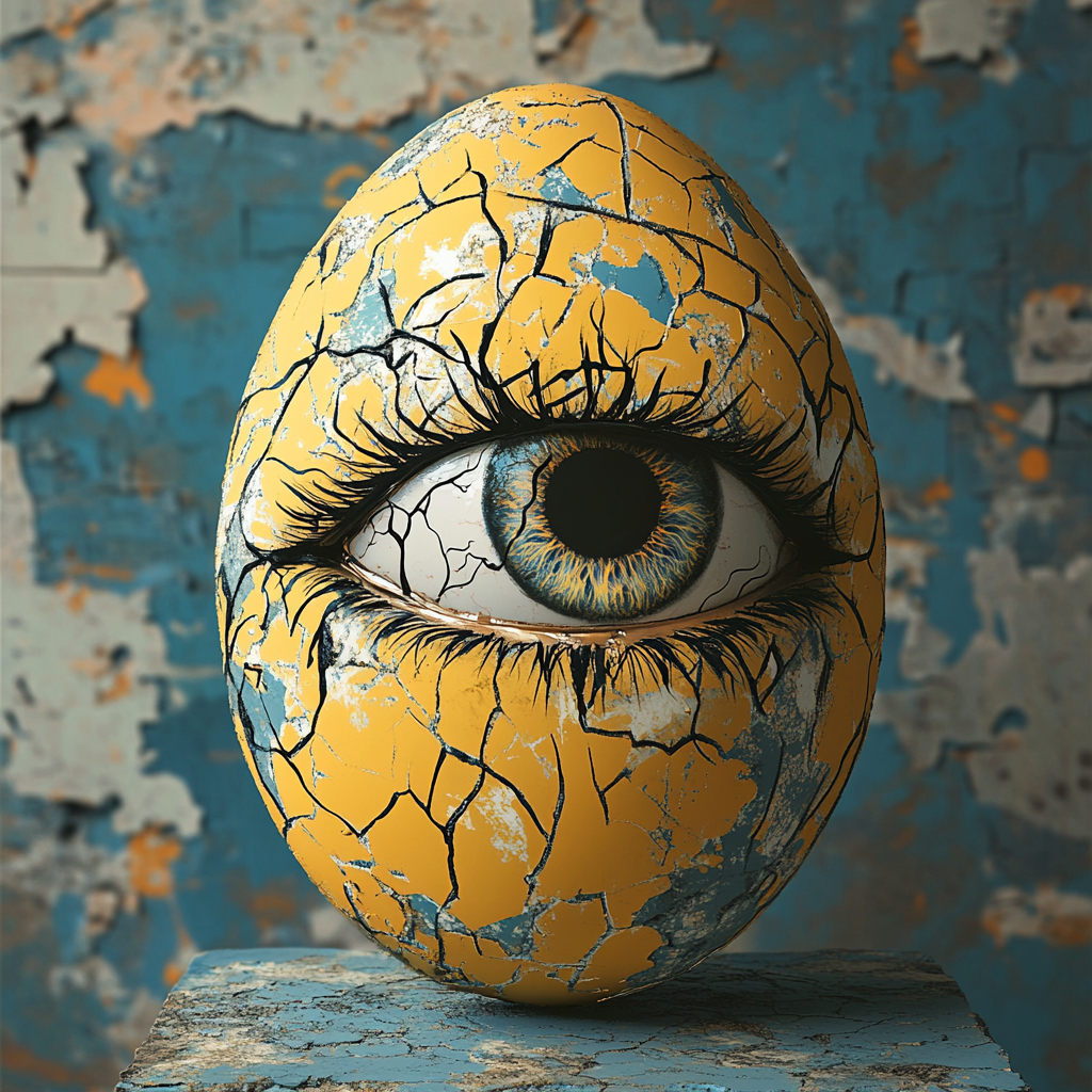 Egg with eye sketch, heavenly vibes, cracked egg.