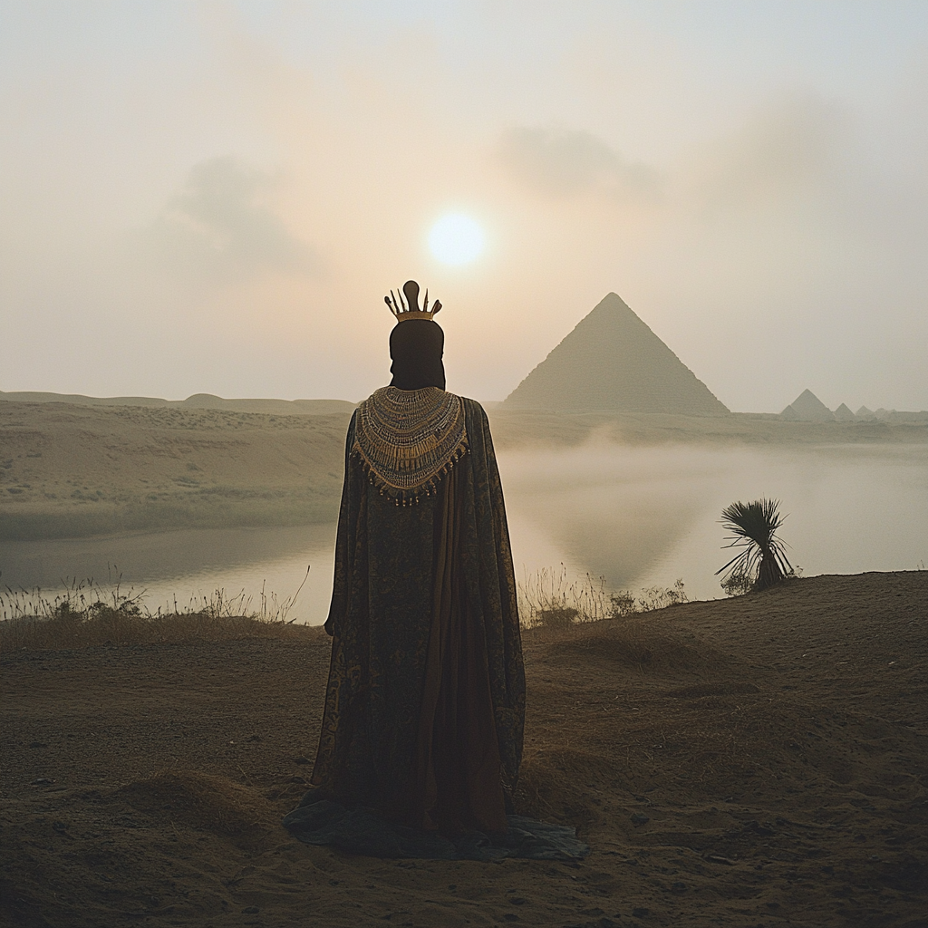 Egyptian Pharaoh Khufu at mystical Nile dawn