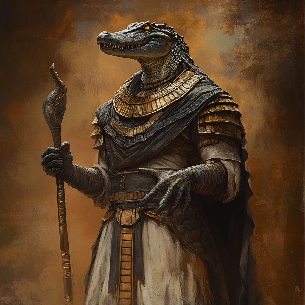 Egyptian fantasy style high priest worships crocodile god.