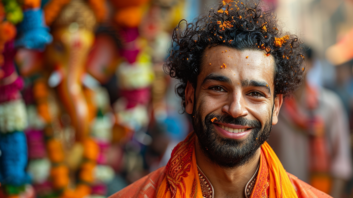 Egyptian footballer Mohamed Salah in vibrant India festival scene.