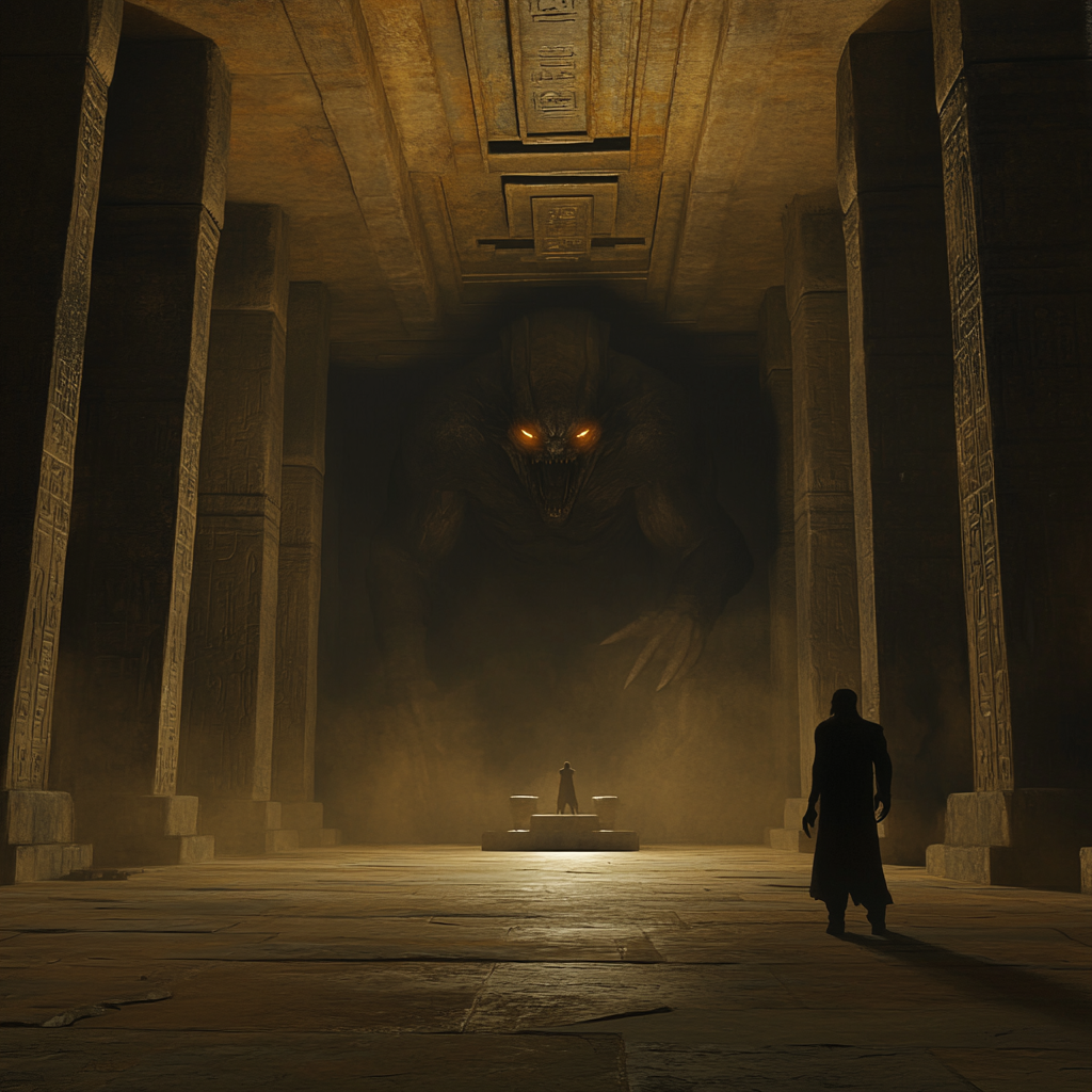 Egyptian tomb with lovecraftian creature hunts humans realistically