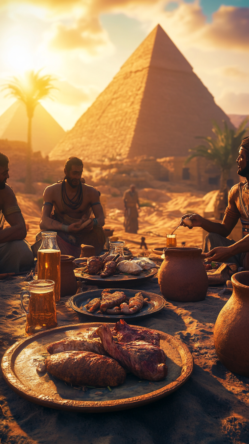 Egyptian workers enjoy meal near grand pyramid