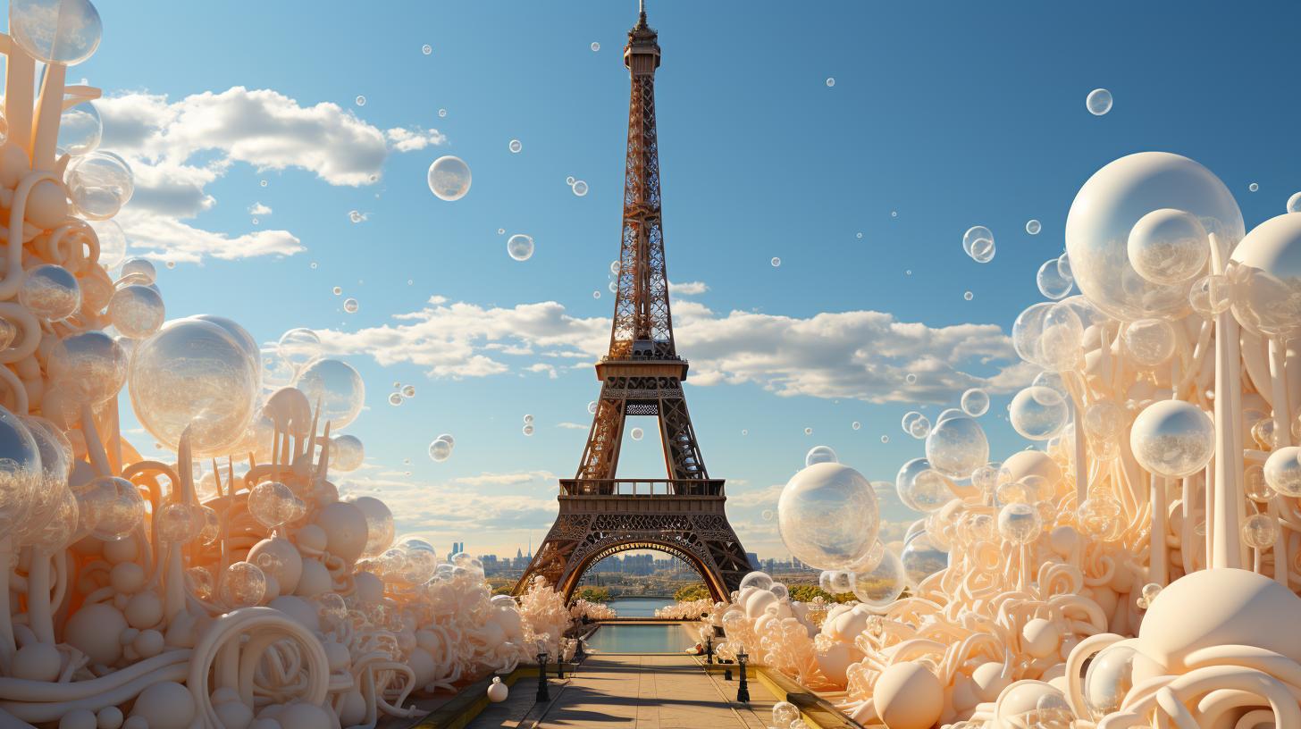 Eiffel Tower with white balloons in artistic design style.