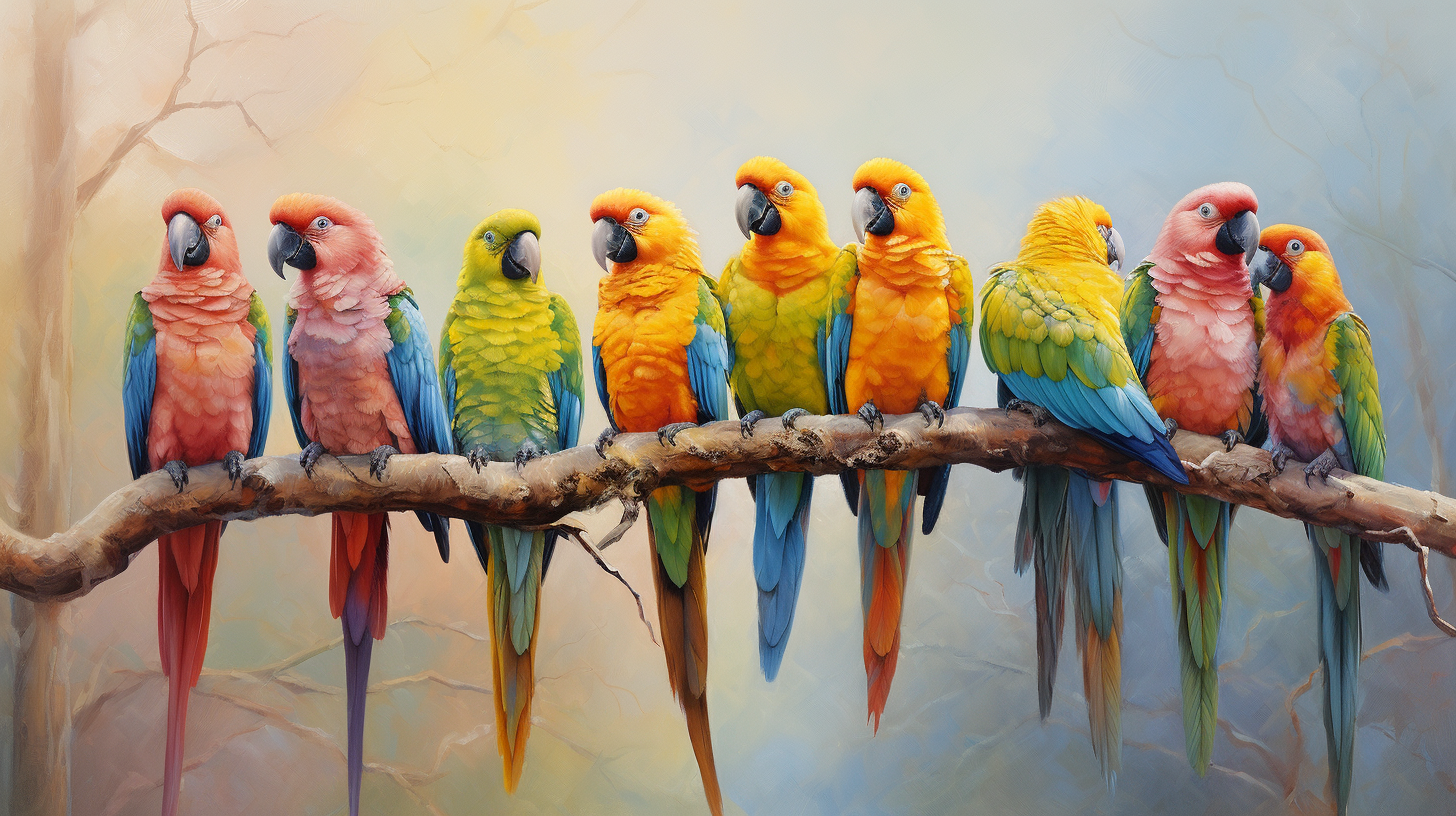 Eight colourful parrots on branch in oil painting art.