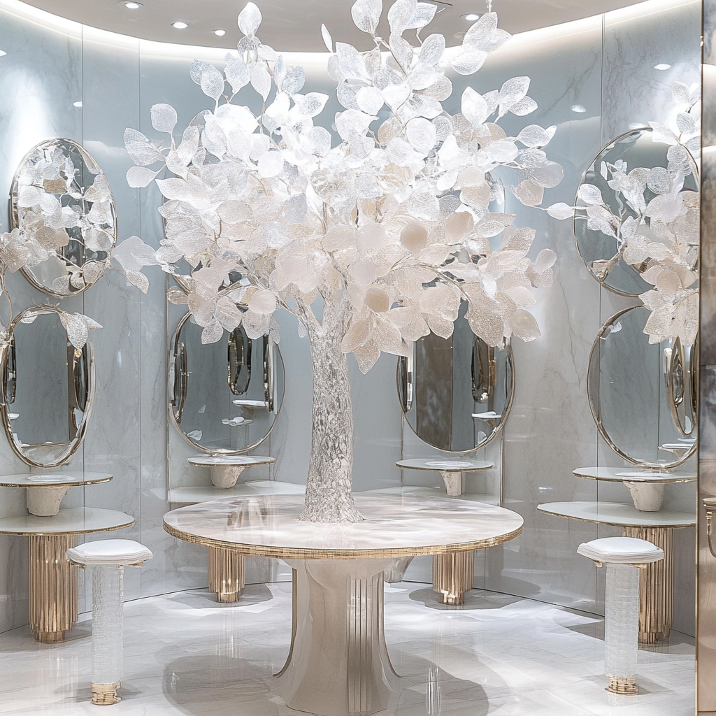 Eight elegant mirror tables complement stunning white tree sculpture.