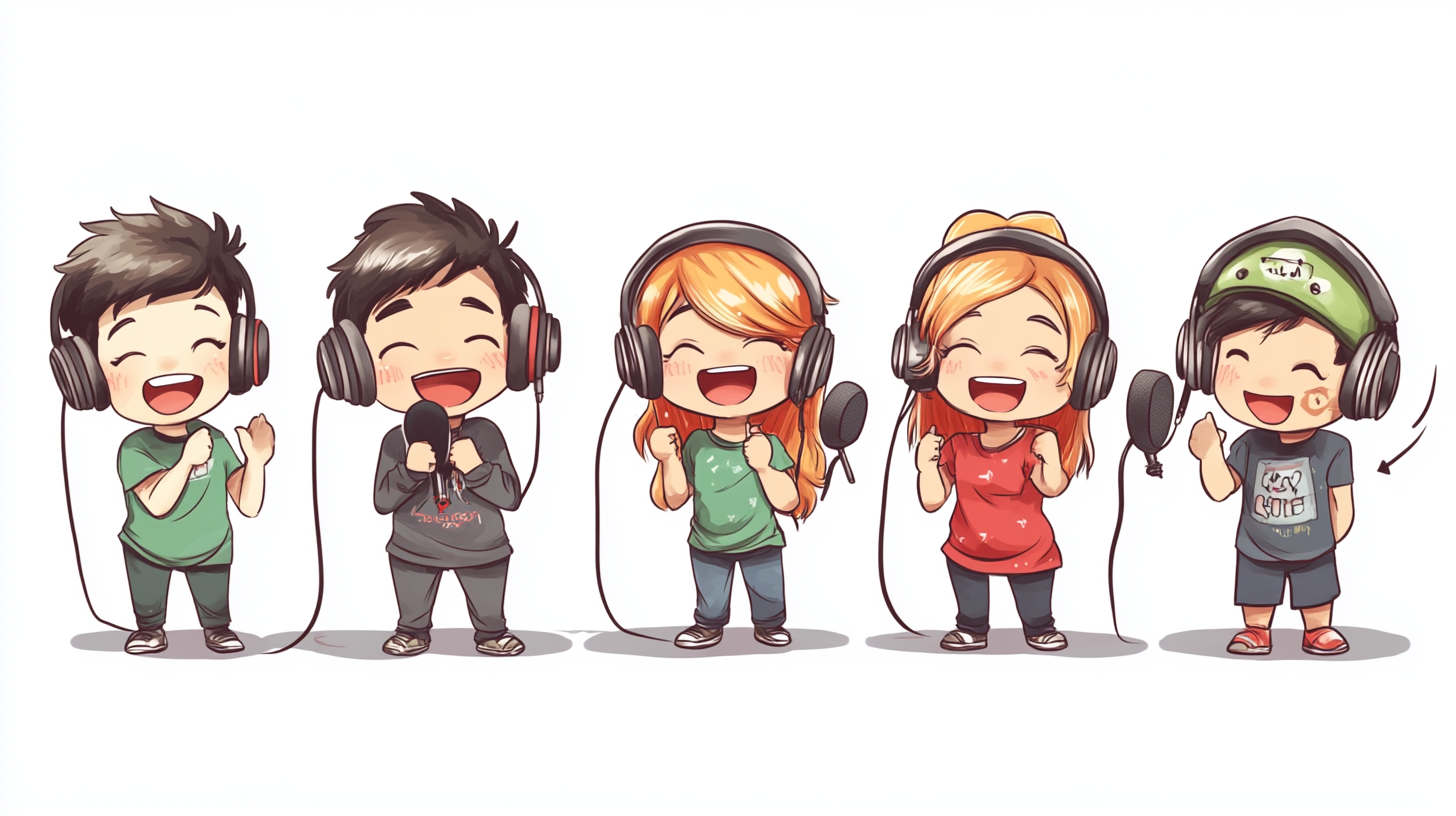 Eight kids in cartoon style with microphone headsets.