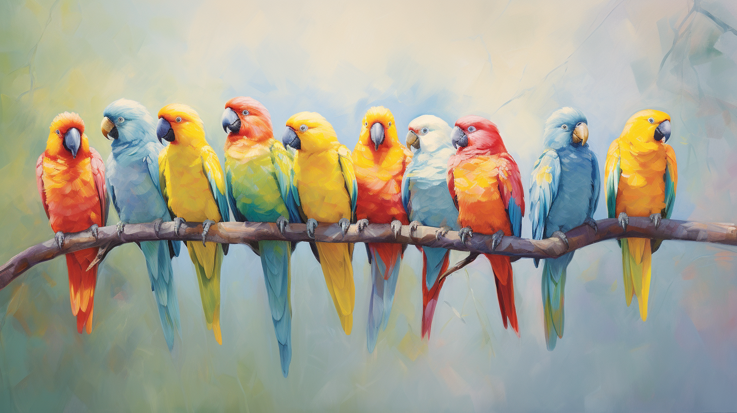 Eight vibrant parrots on a straight branch painting.