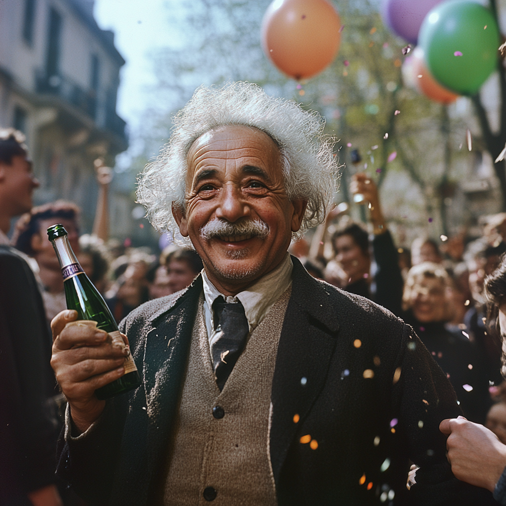 Einstein celebrating with college students at party