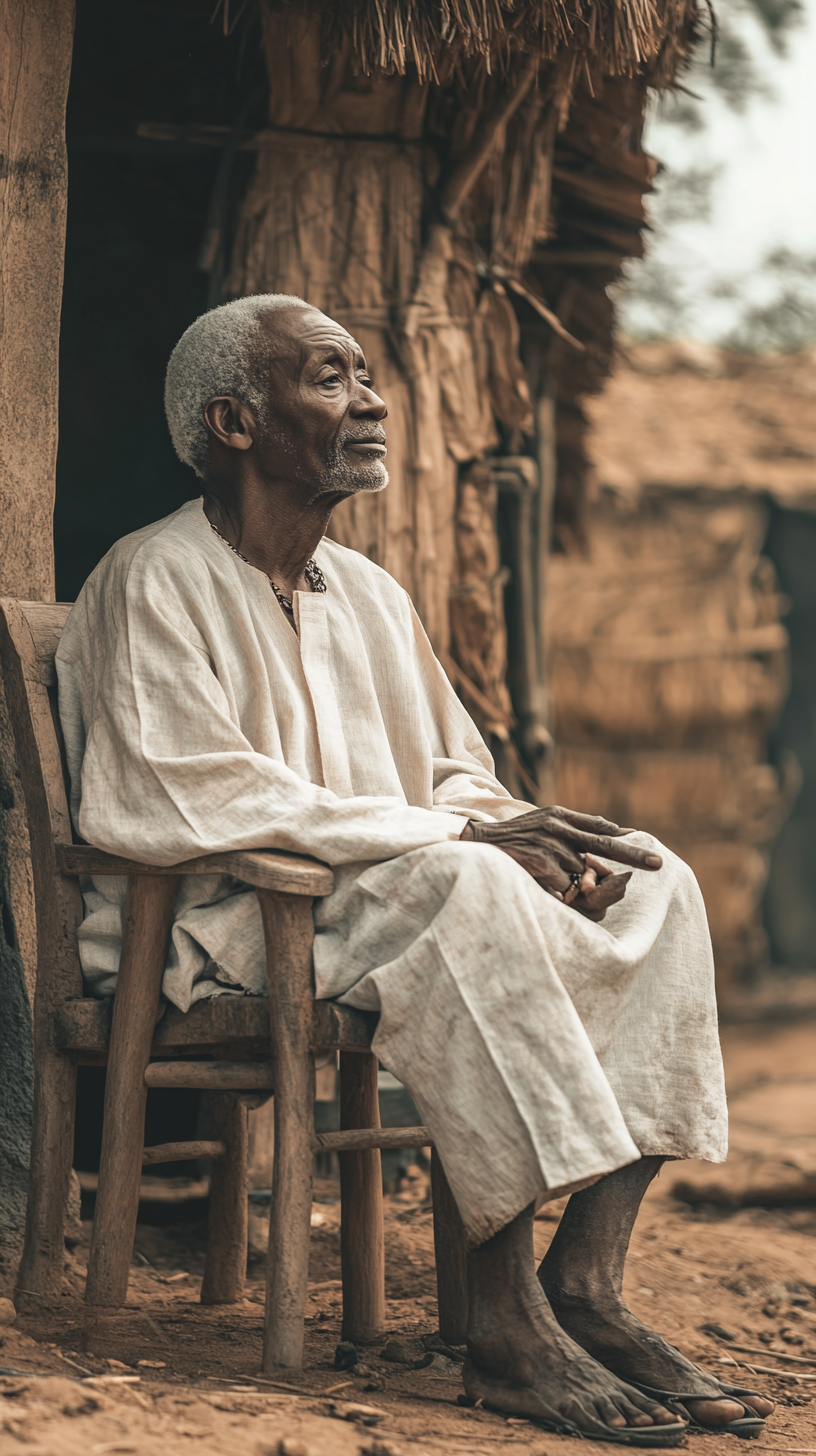 Ejike, sitting on chair outside village hut.