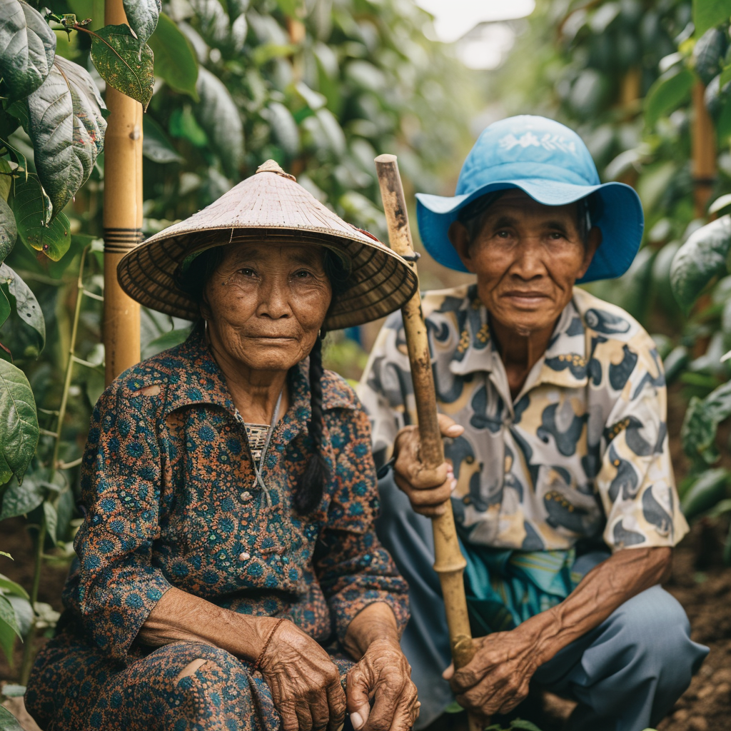 Elderly Cambodian farmers in lush Kampot pepper plantation