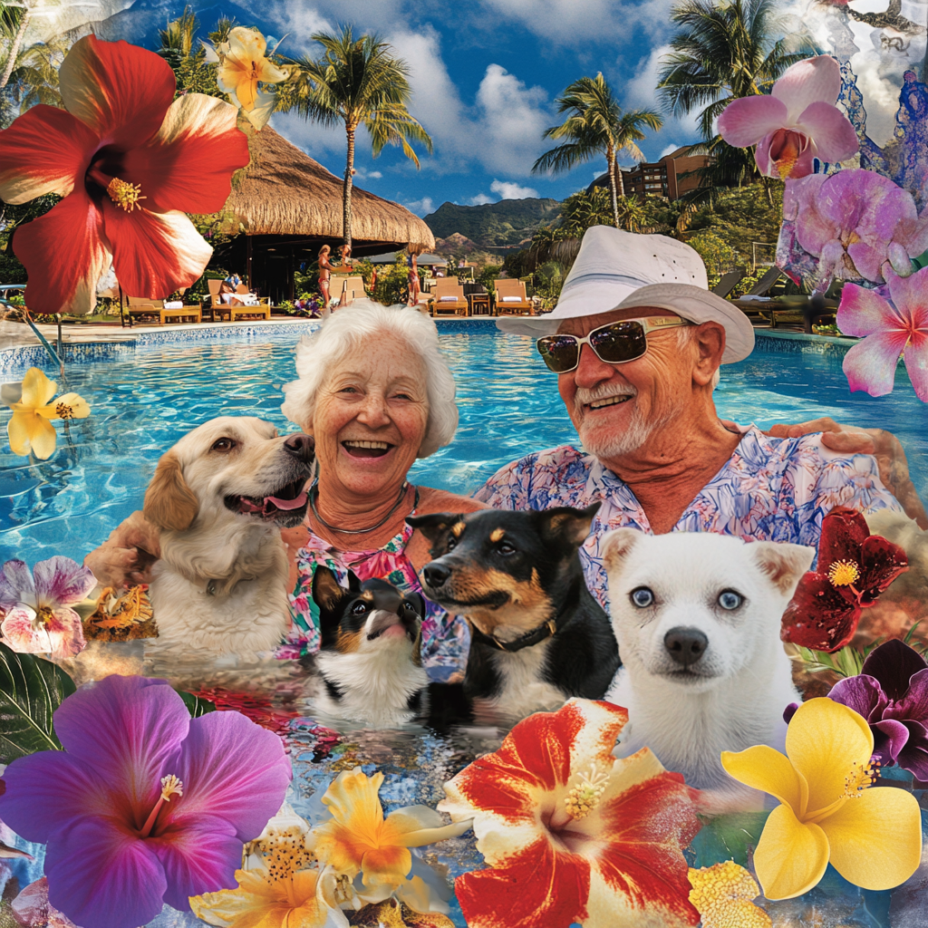 Elderly Couple and Pets Enjoy Hawaii Vacation Joyfully