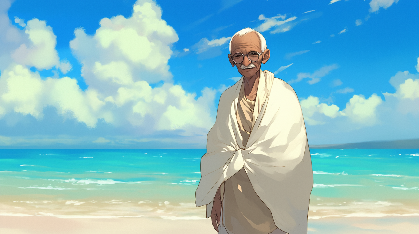 Elderly Gandhi at Beach in India, anime style